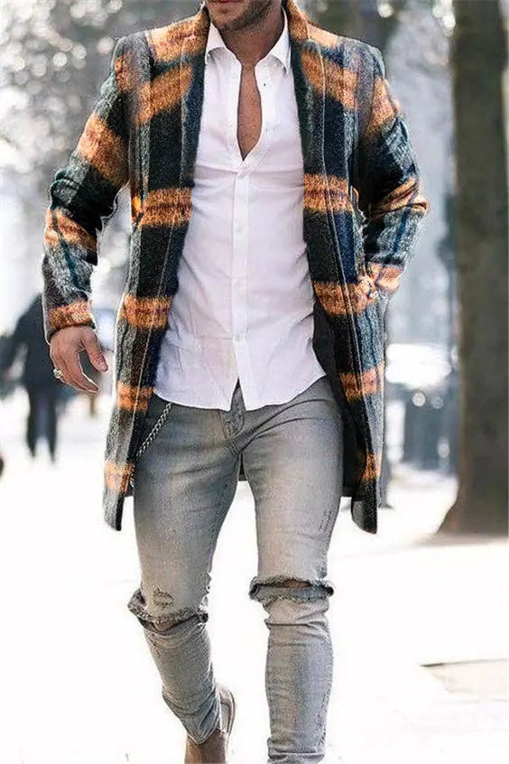 Men's Mid-Length Woolen Stand Collar Trench Coat