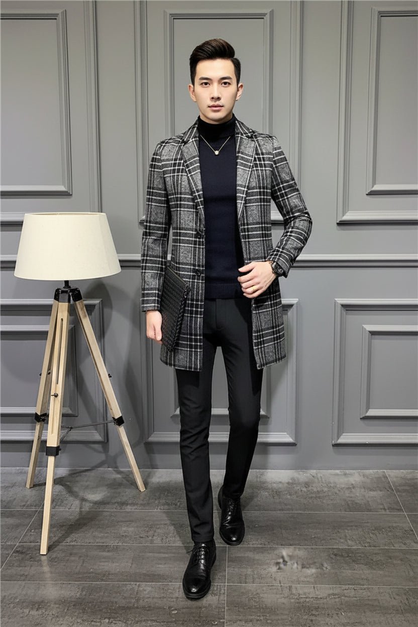 Men's Wool Blend Overcoat, Mid-Length Gentleman's Coat