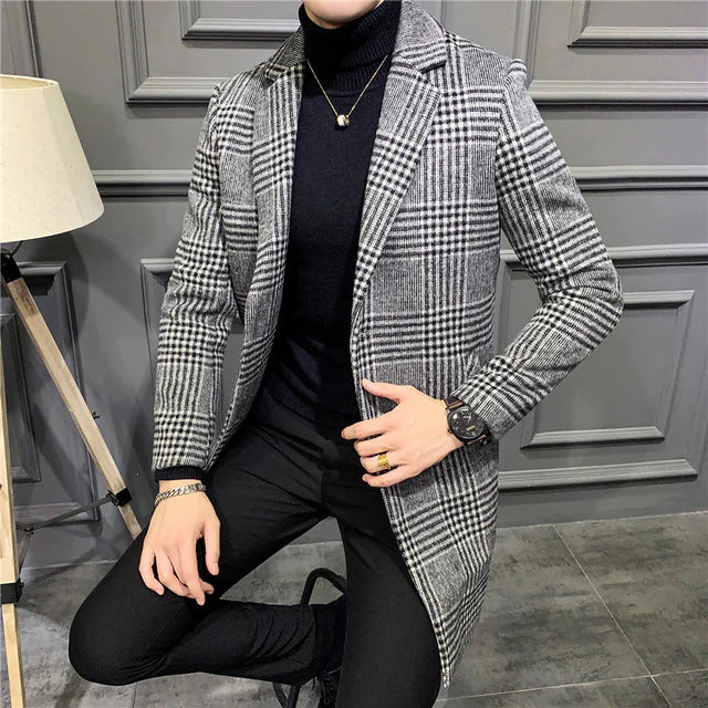 Men's Wool Blend Overcoat, Mid-Length Gentleman's Coat
